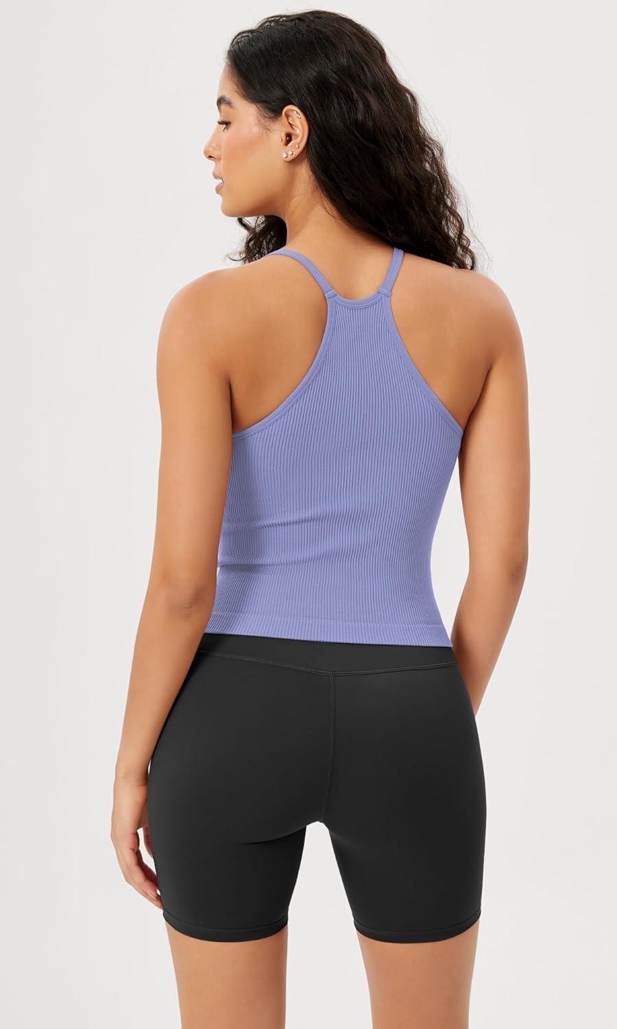 imageODODOS Womens Crop Seamless RibKnit Camisole Strappy Racerback Cropped Tank TopsPurple