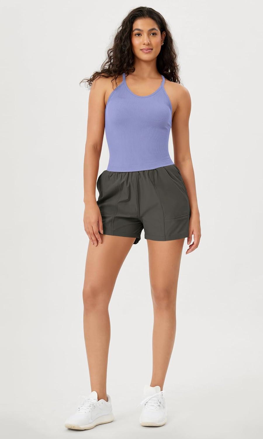 imageODODOS Womens Crop Seamless RibKnit Camisole Strappy Racerback Cropped Tank TopsPurple