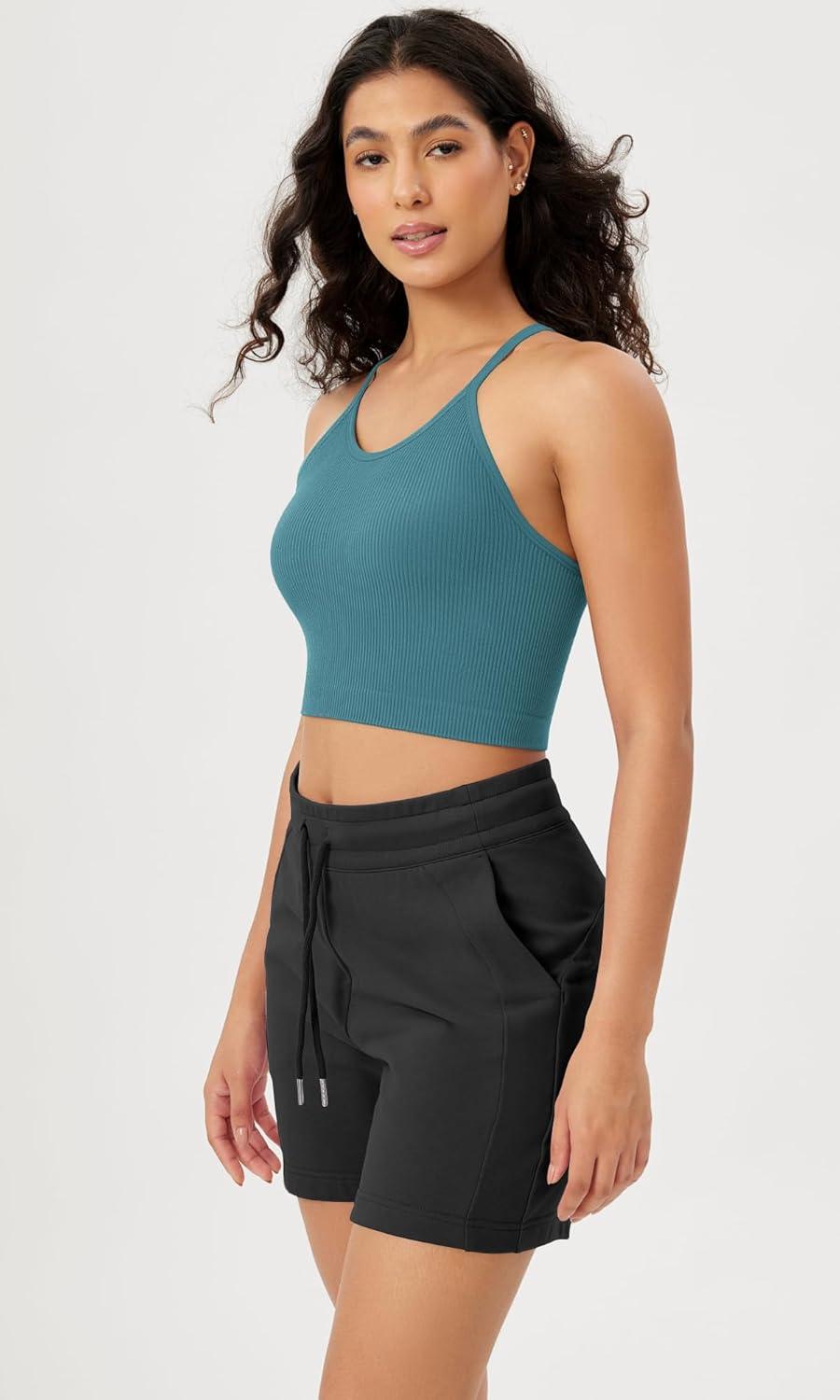 imageODODOS Womens Crop Seamless RibKnit Camisole Strappy Racerback Cropped Tank TopsSky Blue