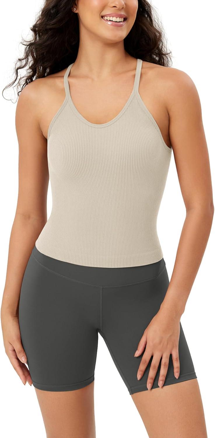 imageODODOS Womens Crop Seamless RibKnit Camisole Strappy Racerback Cropped Tank TopsStar White