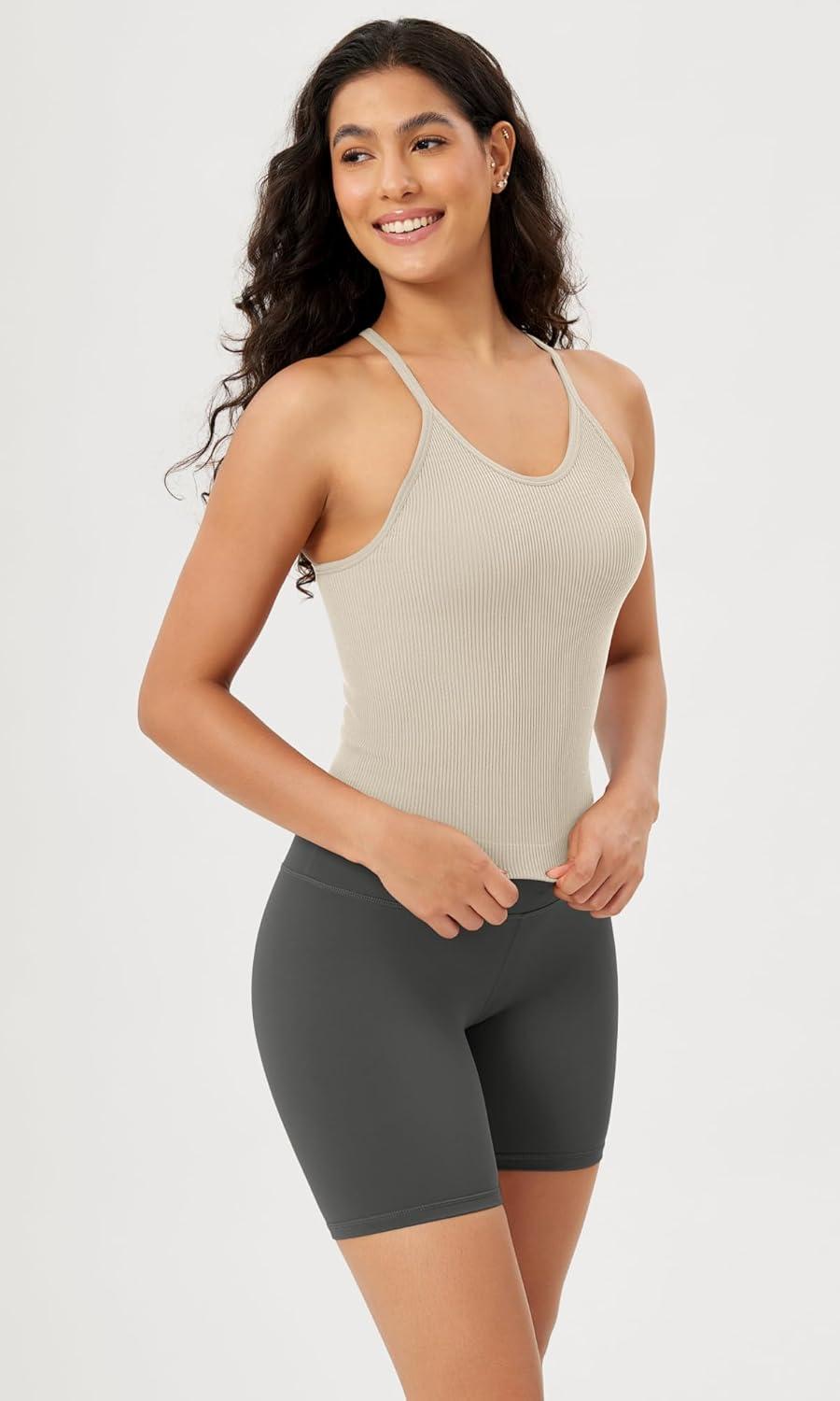 imageODODOS Womens Crop Seamless RibKnit Camisole Strappy Racerback Cropped Tank TopsStar White