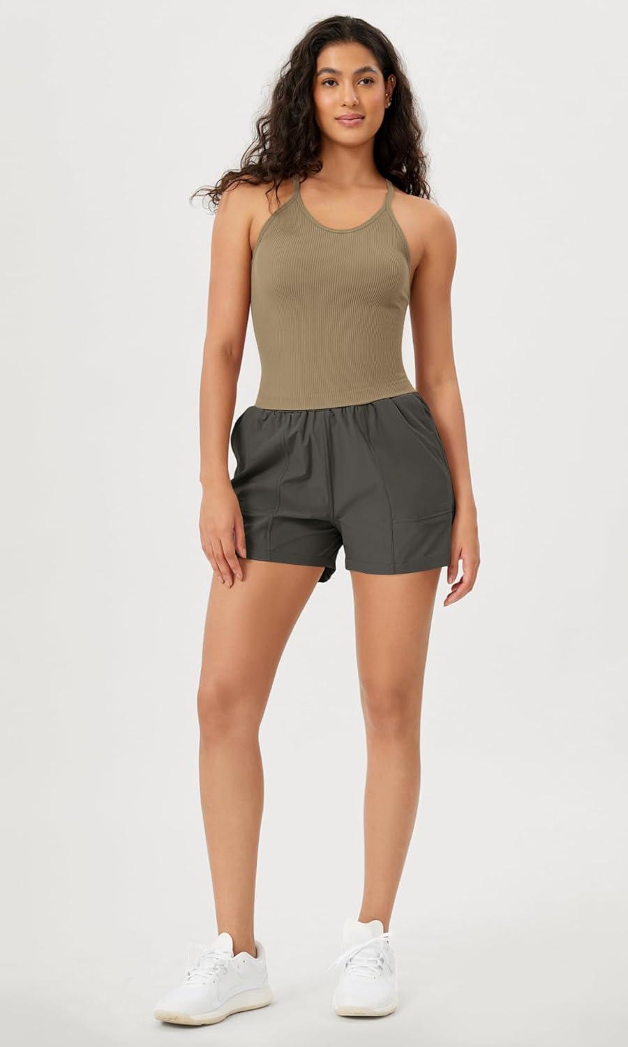 imageODODOS Womens Crop Seamless RibKnit Camisole Strappy Racerback Cropped Tank TopsTaupe