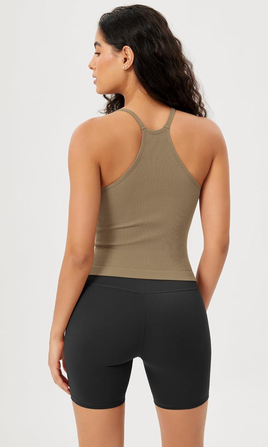 imageODODOS Womens Crop Seamless RibKnit Camisole Strappy Racerback Cropped Tank TopsTaupe