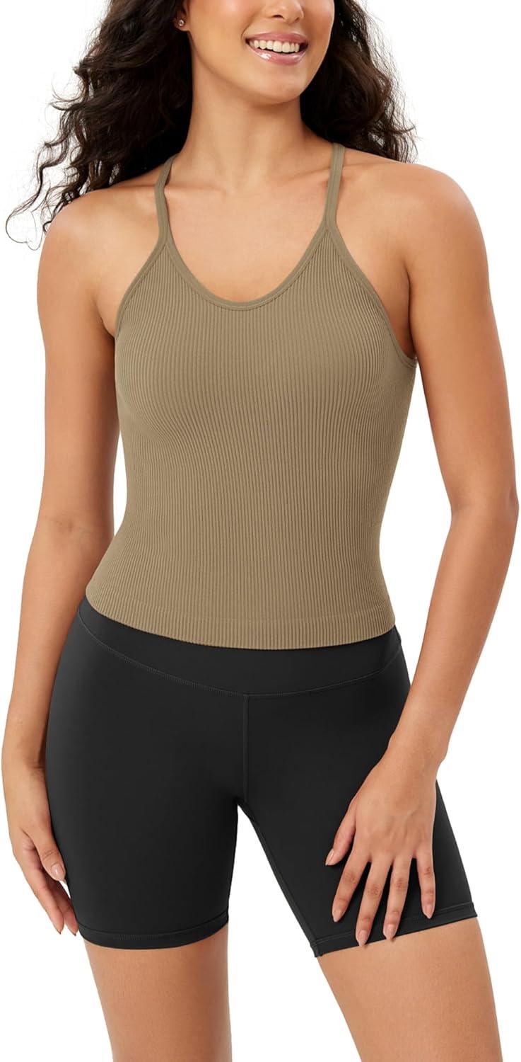 imageODODOS Womens Crop Seamless RibKnit Camisole Strappy Racerback Cropped Tank TopsTaupe
