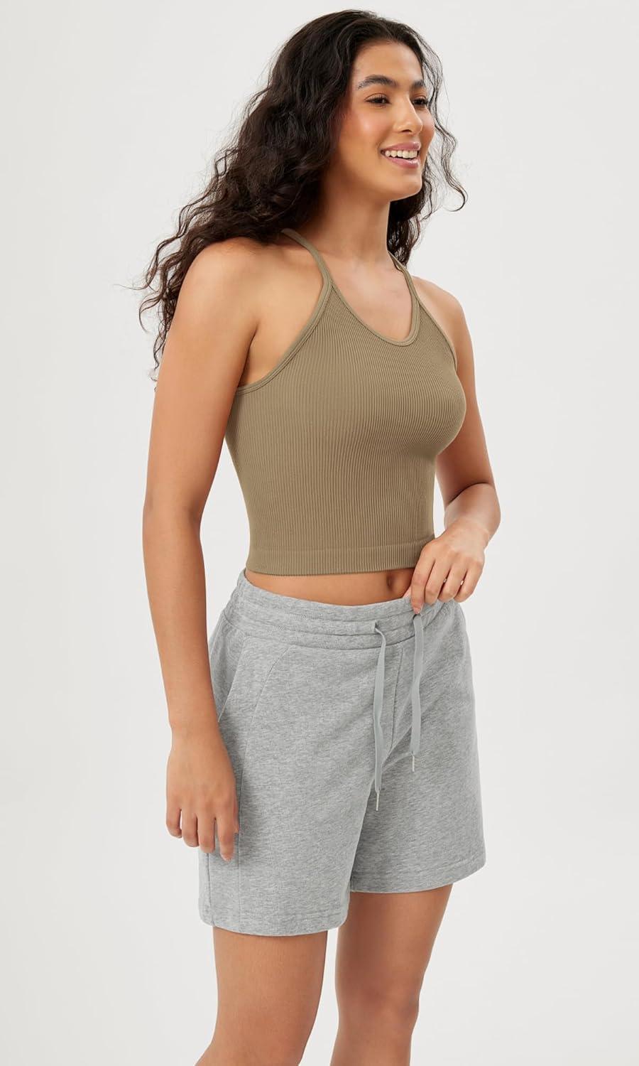 imageODODOS Womens Crop Seamless RibKnit Camisole Strappy Racerback Cropped Tank TopsTaupe