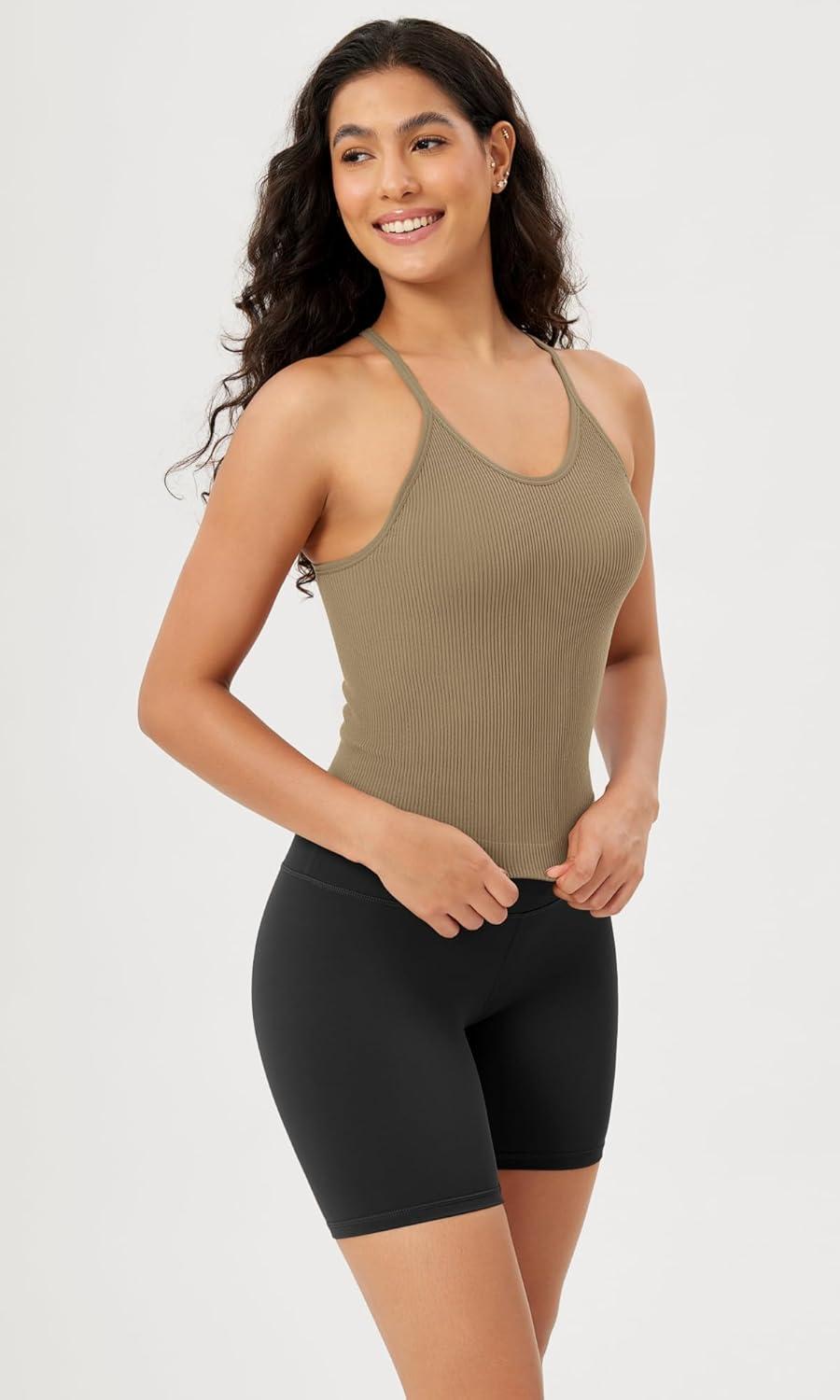 imageODODOS Womens Crop Seamless RibKnit Camisole Strappy Racerback Cropped Tank TopsTaupe