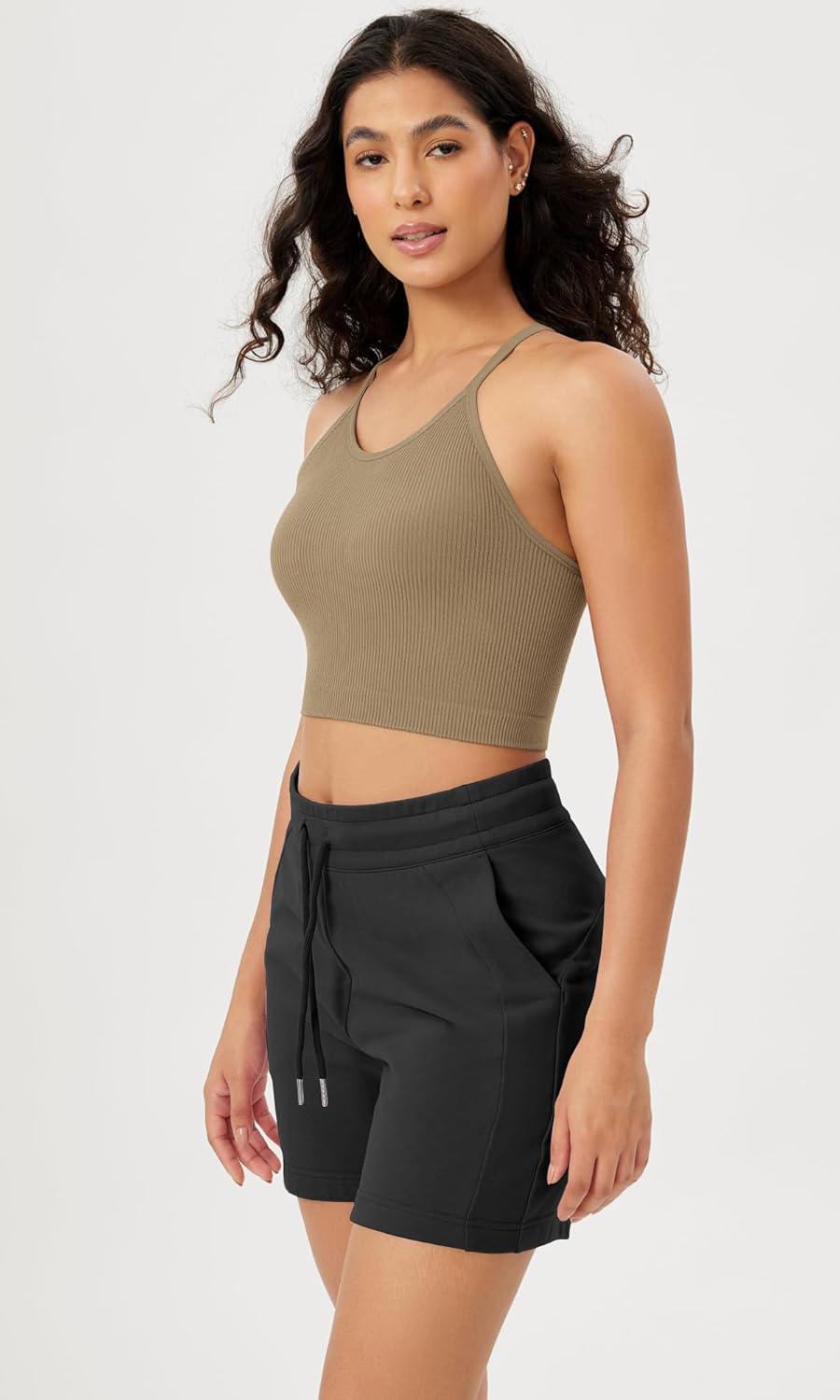 imageODODOS Womens Crop Seamless RibKnit Camisole Strappy Racerback Cropped Tank TopsTaupe