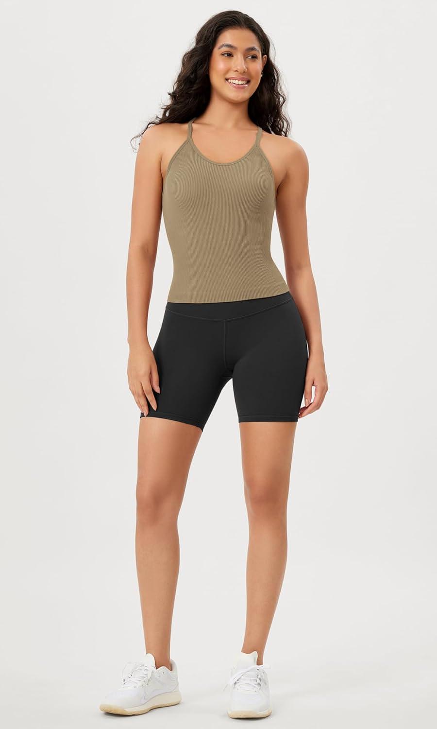 imageODODOS Womens Crop Seamless RibKnit Camisole Strappy Racerback Cropped Tank TopsTaupe