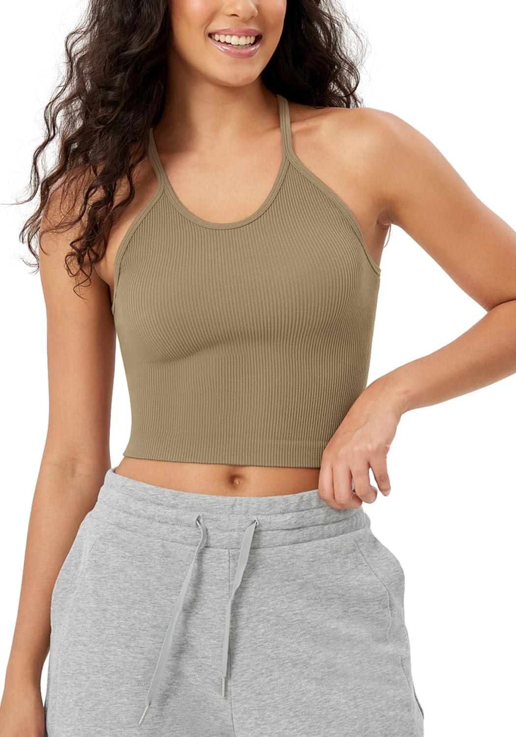 imageODODOS Womens Crop Seamless RibKnit Camisole Strappy Racerback Cropped Tank TopsTaupe