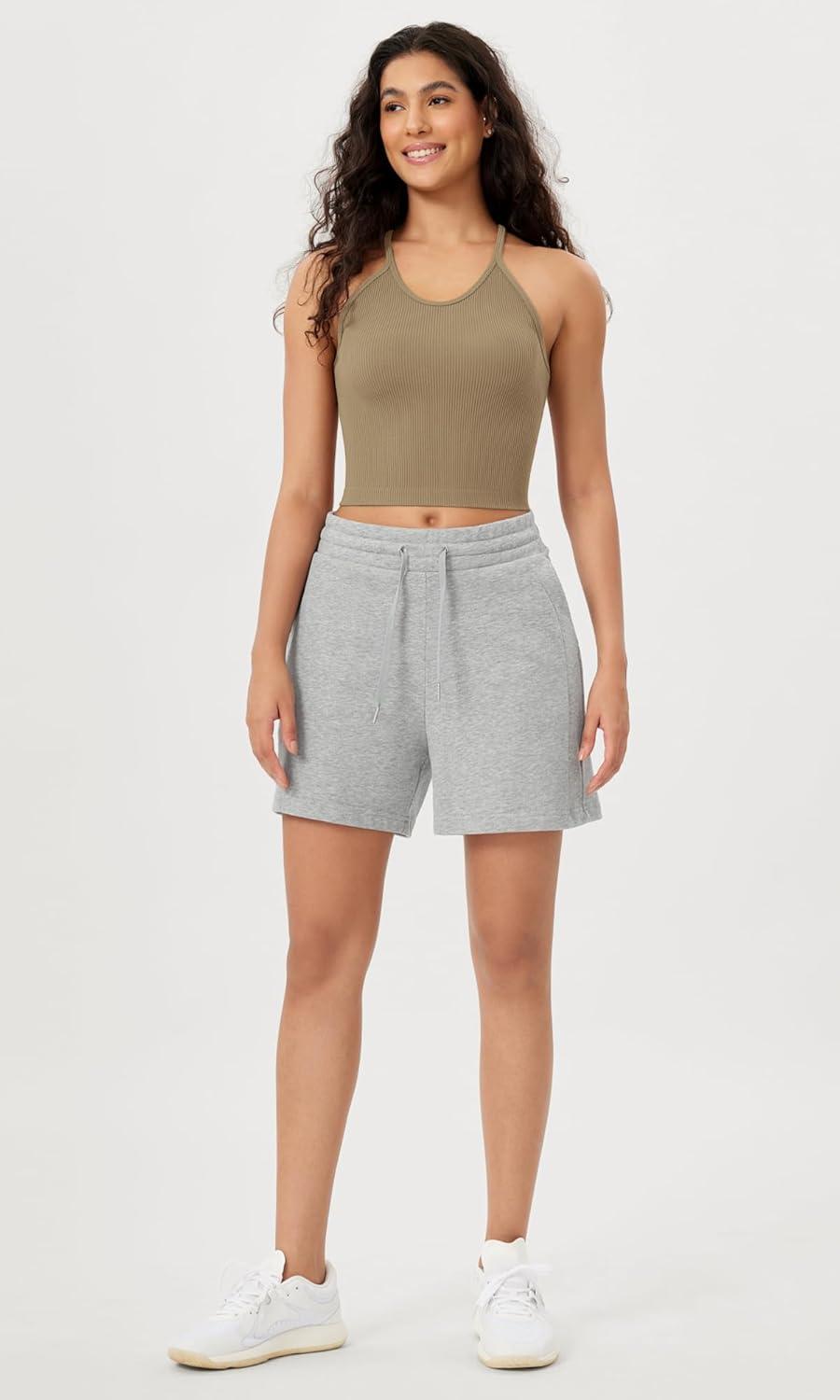 imageODODOS Womens Crop Seamless RibKnit Camisole Strappy Racerback Cropped Tank TopsTaupe