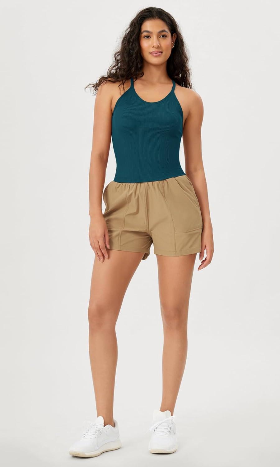 imageODODOS Womens Crop Seamless RibKnit Camisole Strappy Racerback Cropped Tank TopsTeal