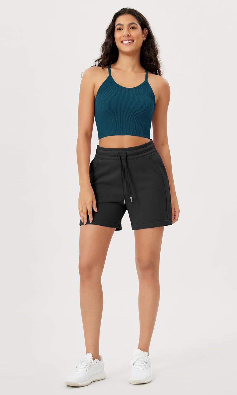 imageODODOS Womens Crop Seamless RibKnit Camisole Strappy Racerback Cropped Tank TopsTeal