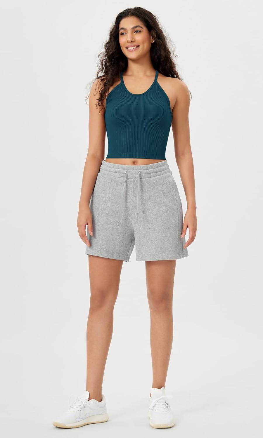 imageODODOS Womens Crop Seamless RibKnit Camisole Strappy Racerback Cropped Tank TopsTeal