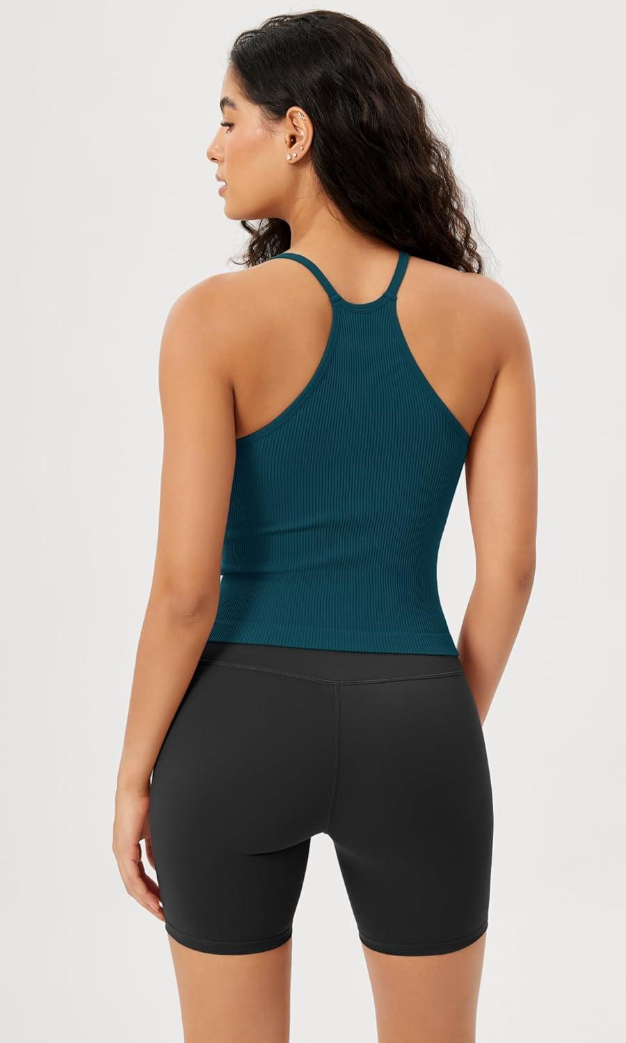 imageODODOS Womens Crop Seamless RibKnit Camisole Strappy Racerback Cropped Tank TopsTeal