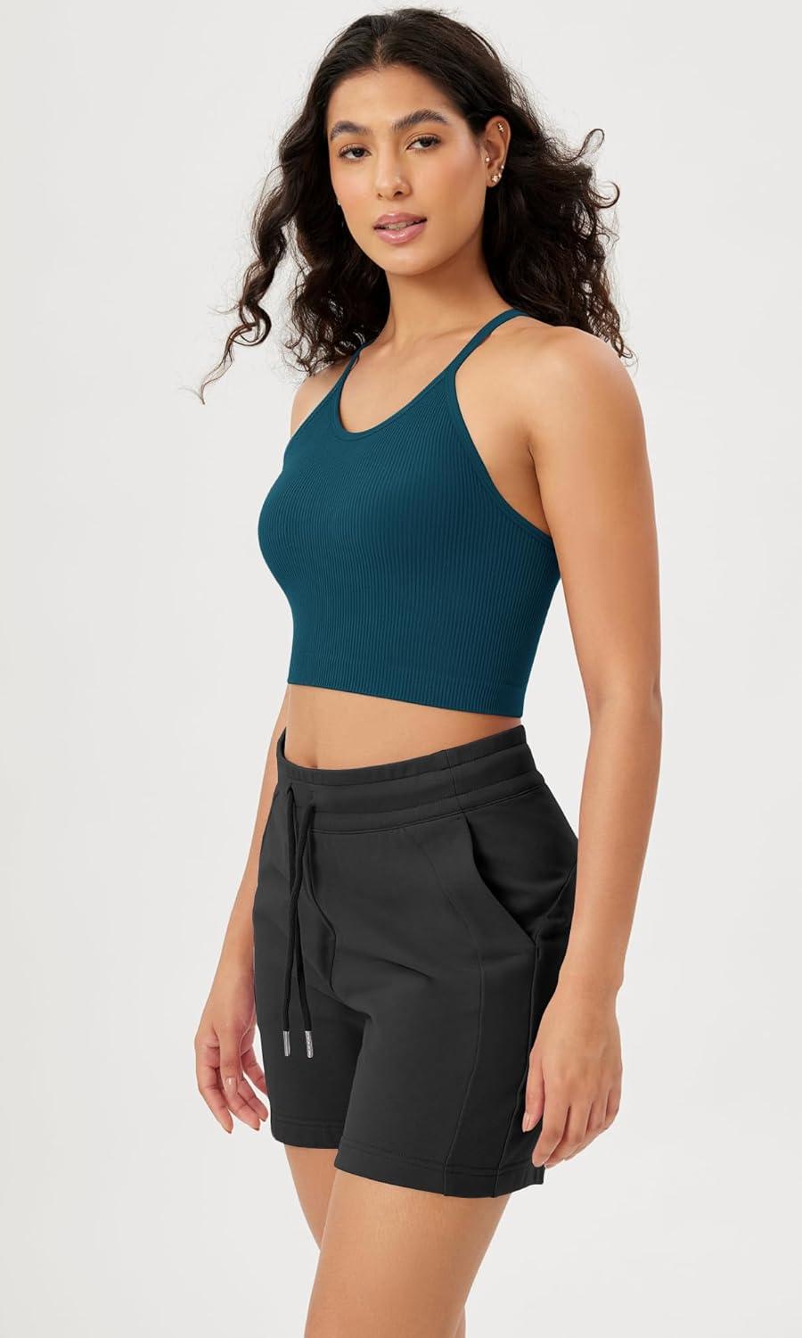 imageODODOS Womens Crop Seamless RibKnit Camisole Strappy Racerback Cropped Tank TopsTeal
