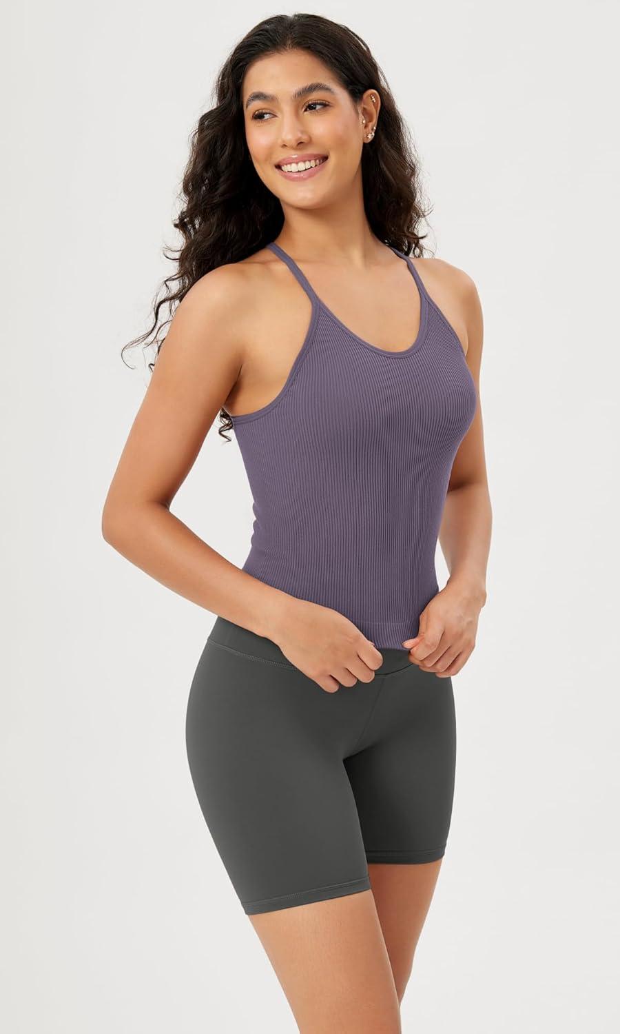 imageODODOS Womens Crop Seamless RibKnit Camisole Strappy Racerback Cropped Tank TopsViolet