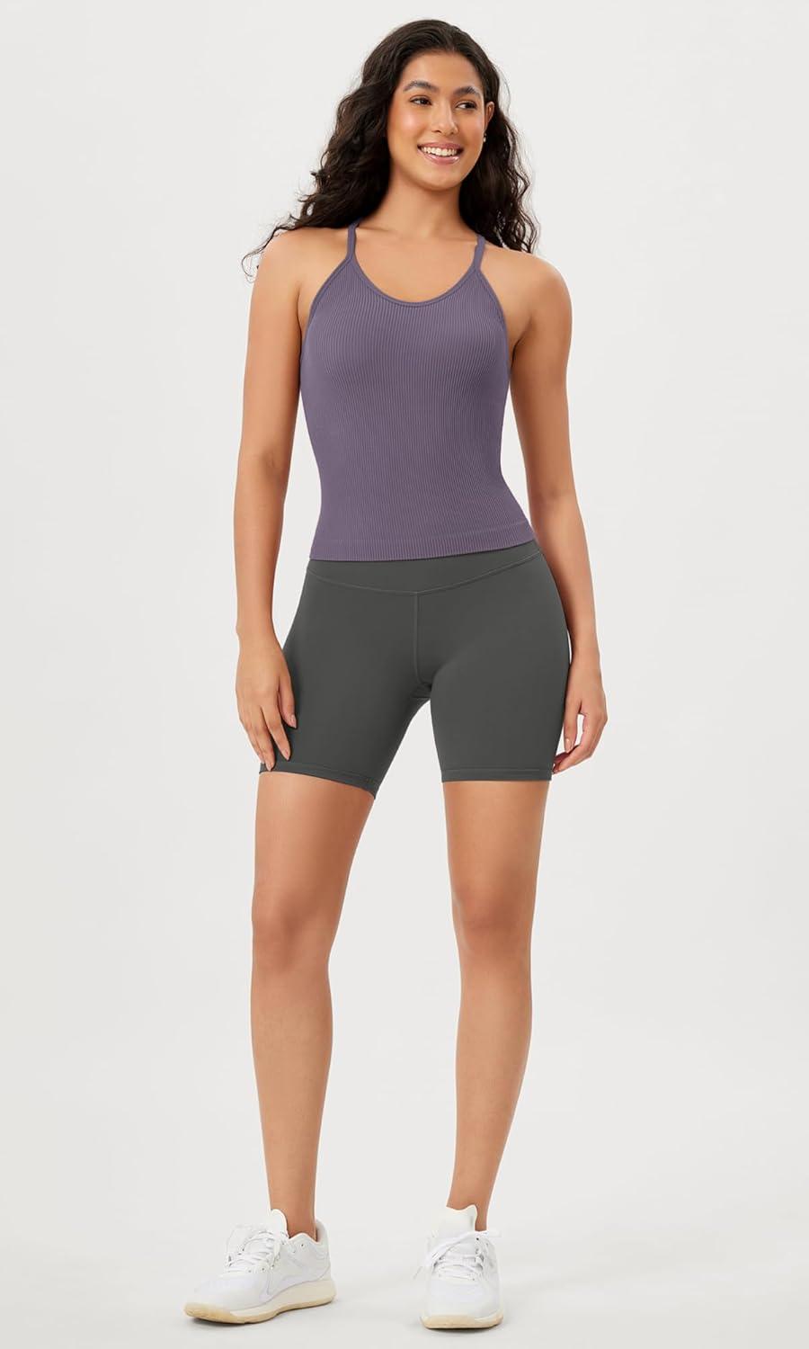imageODODOS Womens Crop Seamless RibKnit Camisole Strappy Racerback Cropped Tank TopsViolet