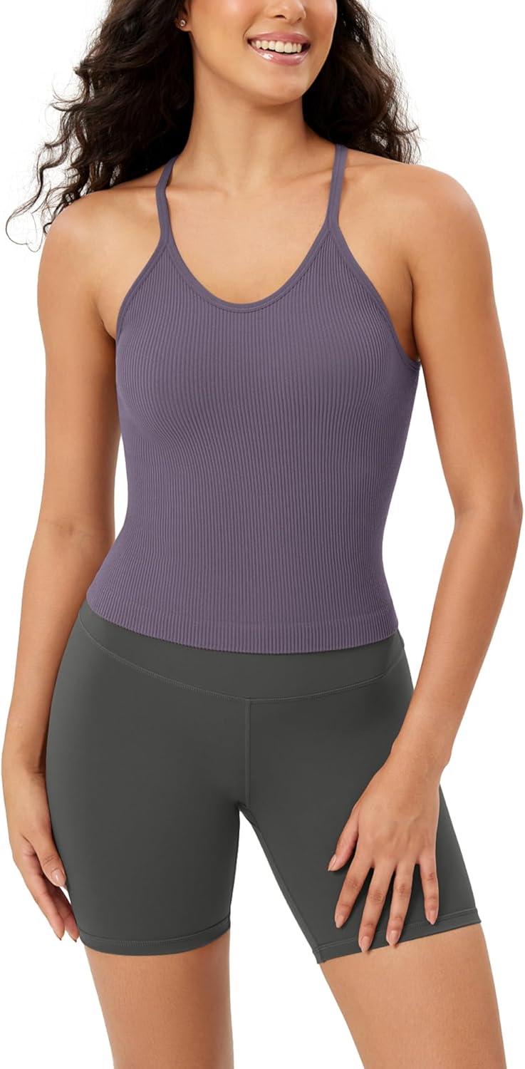 imageODODOS Womens Crop Seamless RibKnit Camisole Strappy Racerback Cropped Tank TopsViolet