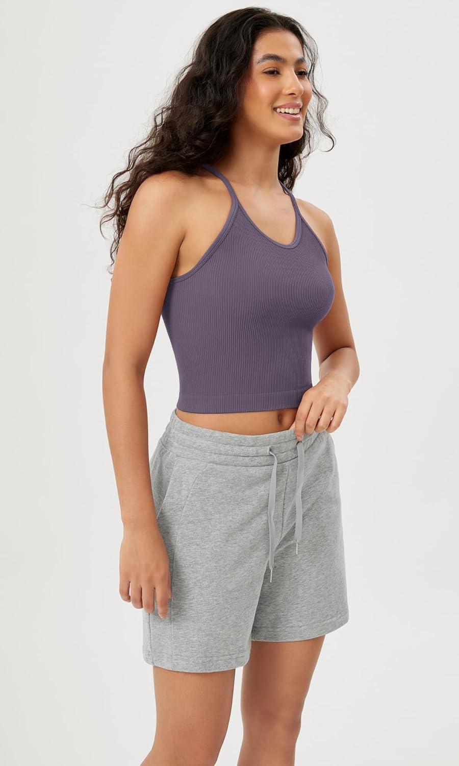 imageODODOS Womens Crop Seamless RibKnit Camisole Strappy Racerback Cropped Tank TopsViolet
