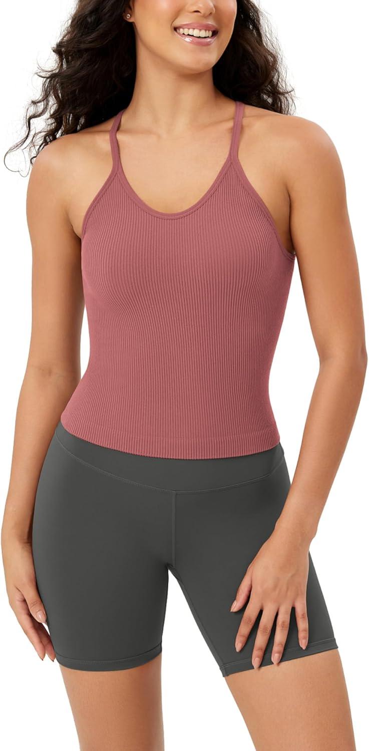 imageODODOS Womens Crop Seamless RibKnit Camisole Strappy Racerback Cropped Tank TopsWatermelon