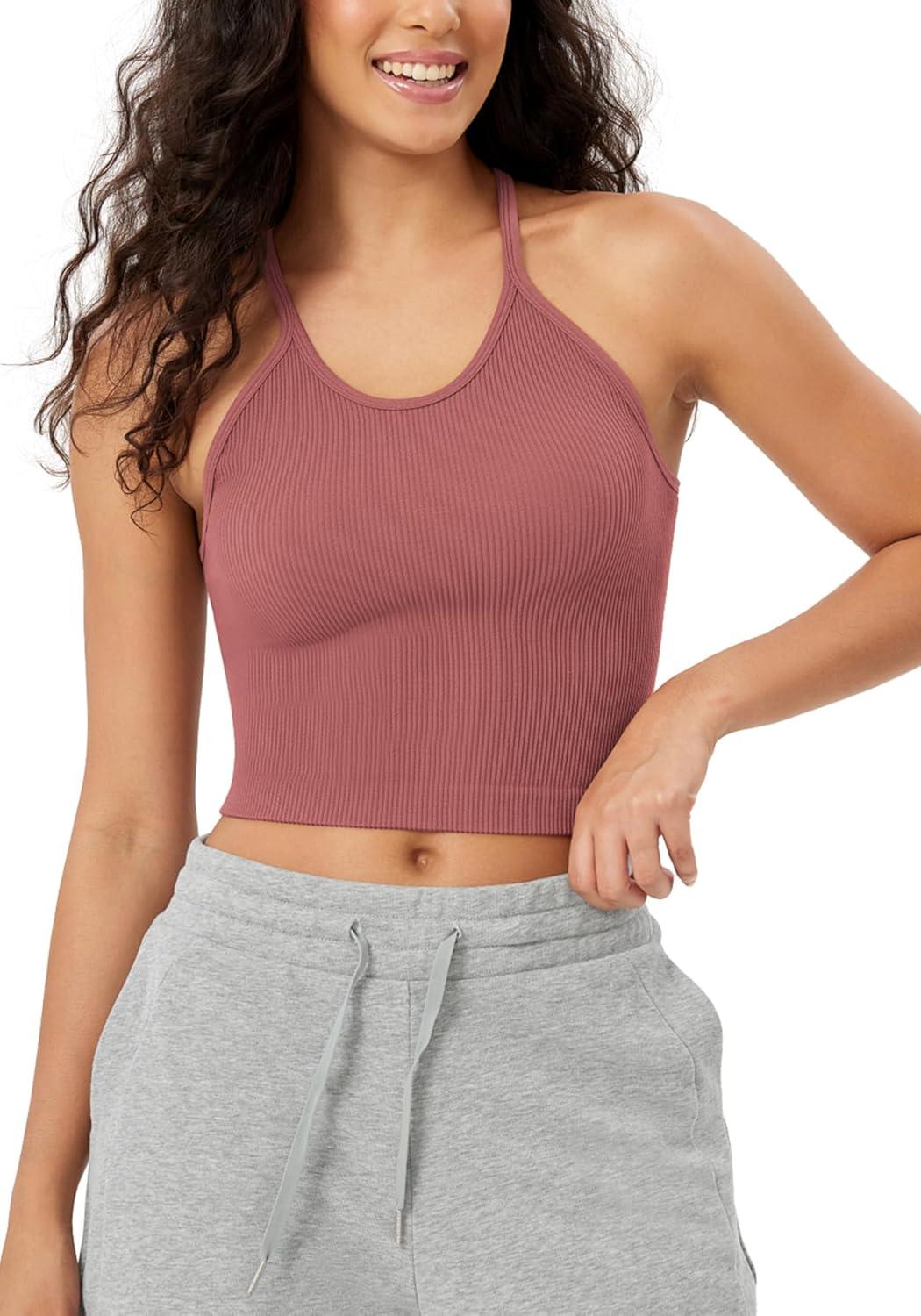imageODODOS Womens Crop Seamless RibKnit Camisole Strappy Racerback Cropped Tank TopsWatermelon