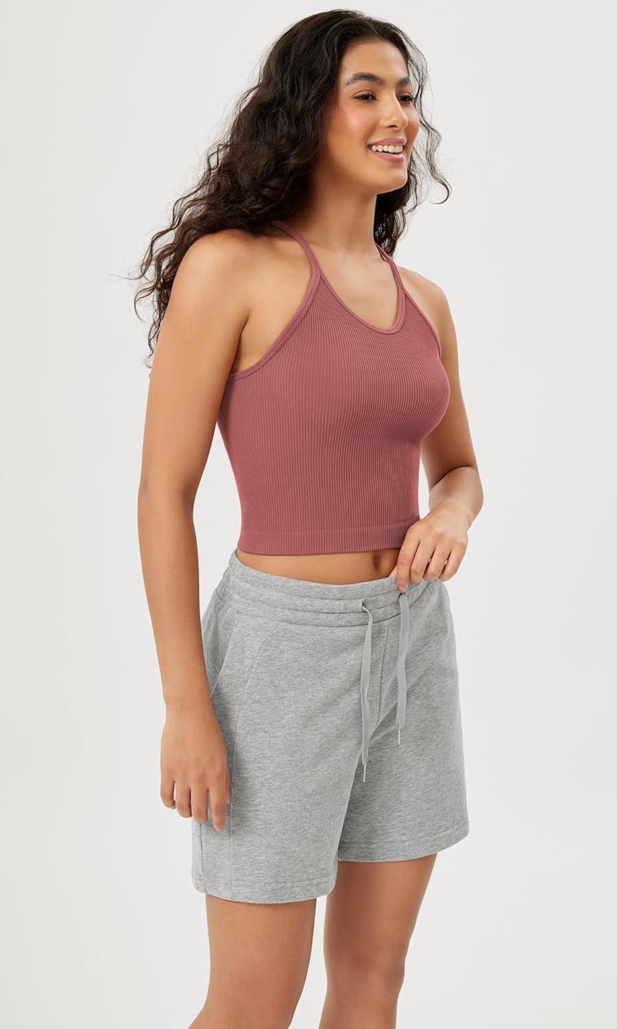 imageODODOS Womens Crop Seamless RibKnit Camisole Strappy Racerback Cropped Tank TopsWatermelon