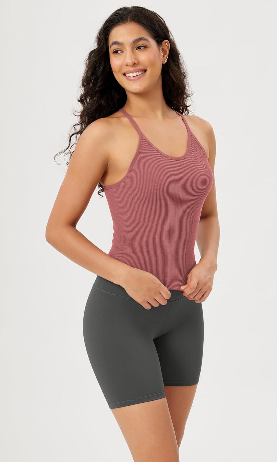 imageODODOS Womens Crop Seamless RibKnit Camisole Strappy Racerback Cropped Tank TopsWatermelon