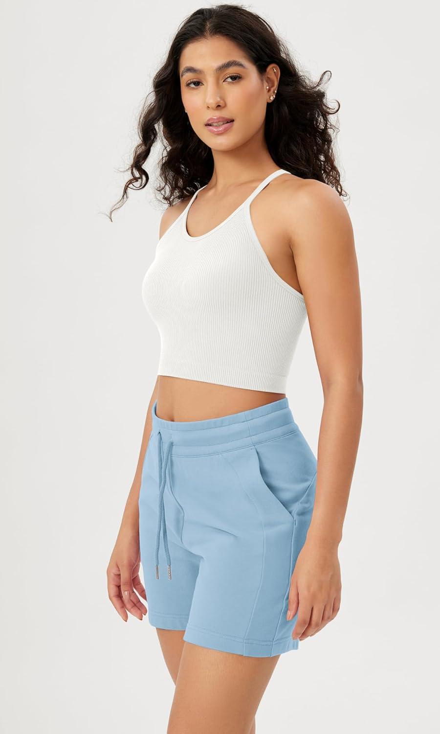 imageODODOS Womens Crop Seamless RibKnit Camisole Strappy Racerback Cropped Tank TopsWhite