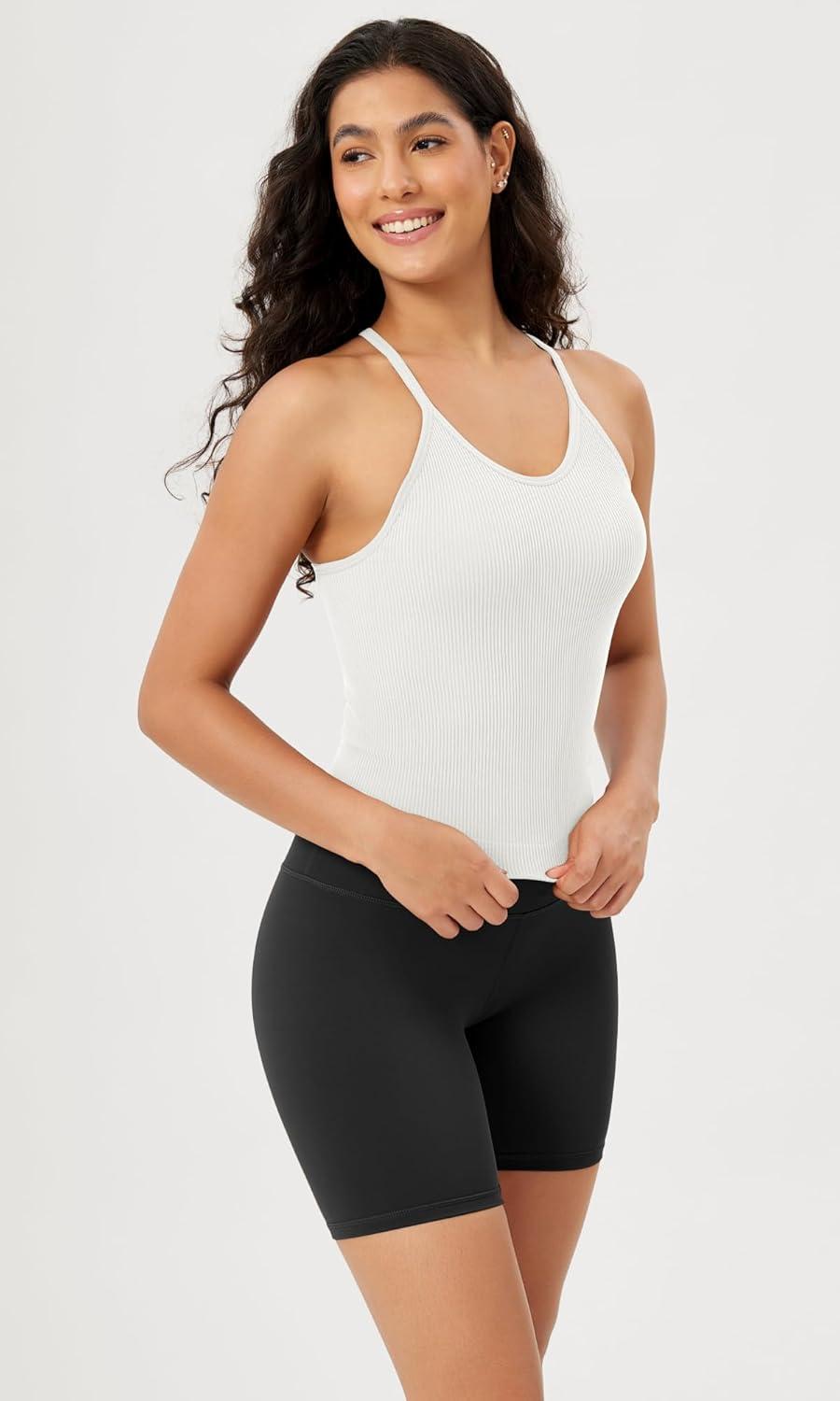 imageODODOS Womens Crop Seamless RibKnit Camisole Strappy Racerback Cropped Tank TopsWhite