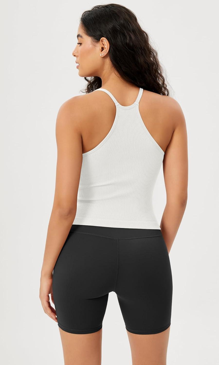imageODODOS Womens Crop Seamless RibKnit Camisole Strappy Racerback Cropped Tank TopsWhite