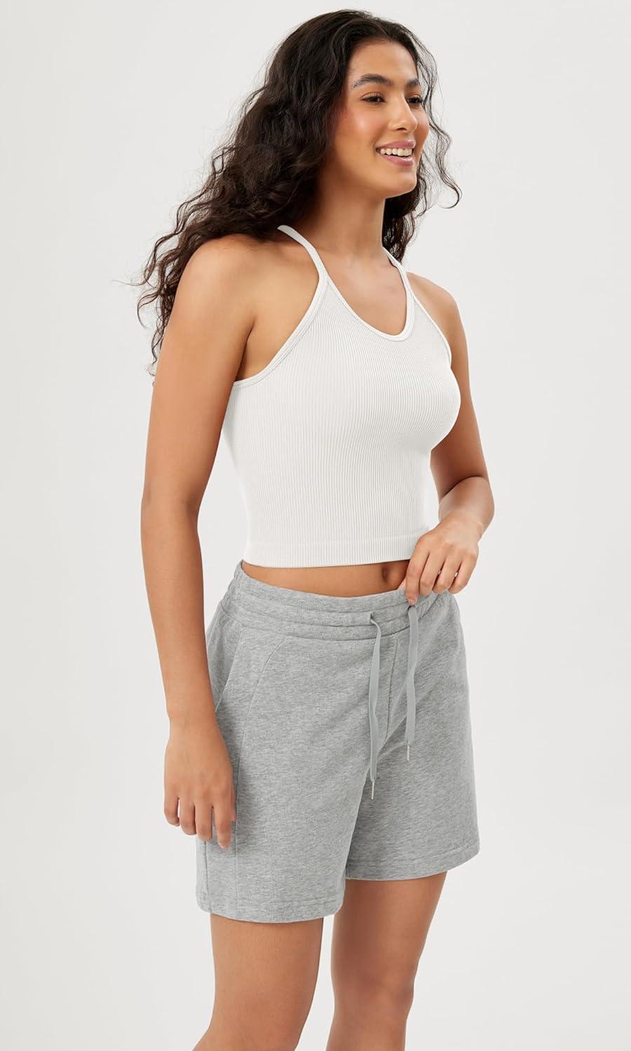 imageODODOS Womens Crop Seamless RibKnit Camisole Strappy Racerback Cropped Tank TopsWhite