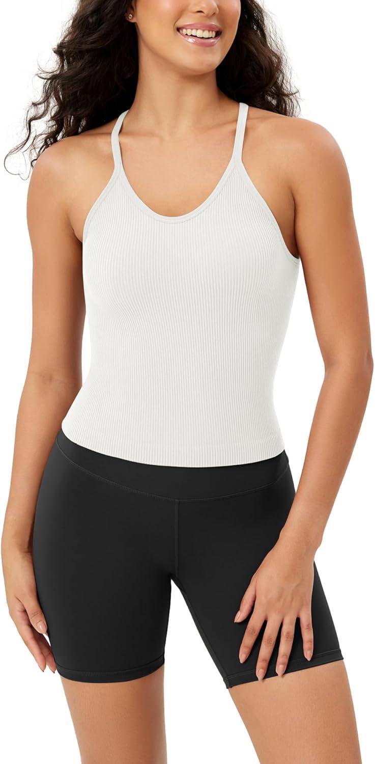 imageODODOS Womens Crop Seamless RibKnit Camisole Strappy Racerback Cropped Tank TopsWhite