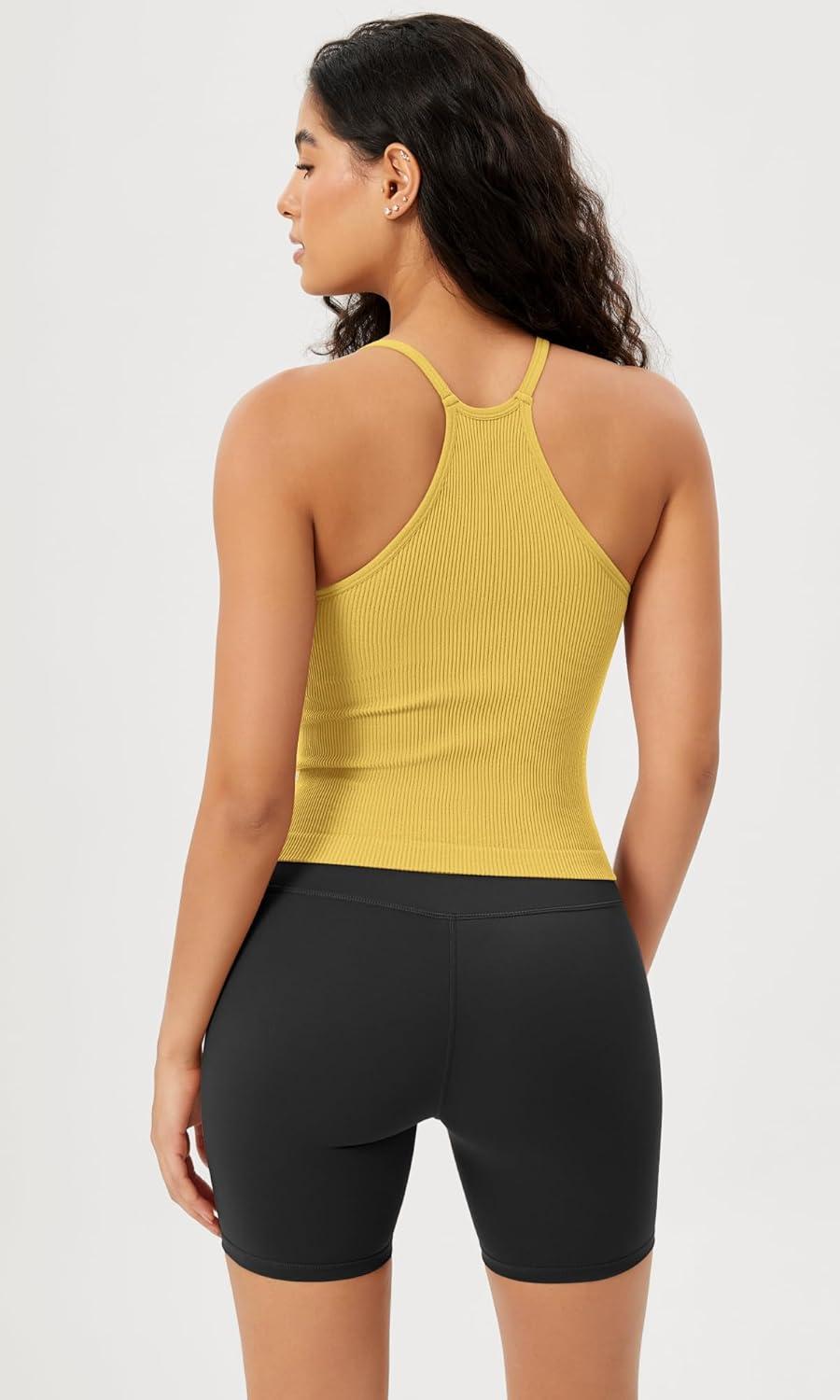 imageODODOS Womens Crop Seamless RibKnit Camisole Strappy Racerback Cropped Tank TopsYellow