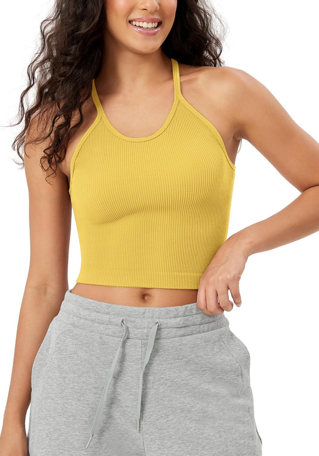 imageODODOS Womens Crop Seamless RibKnit Camisole Strappy Racerback Cropped Tank TopsYellow