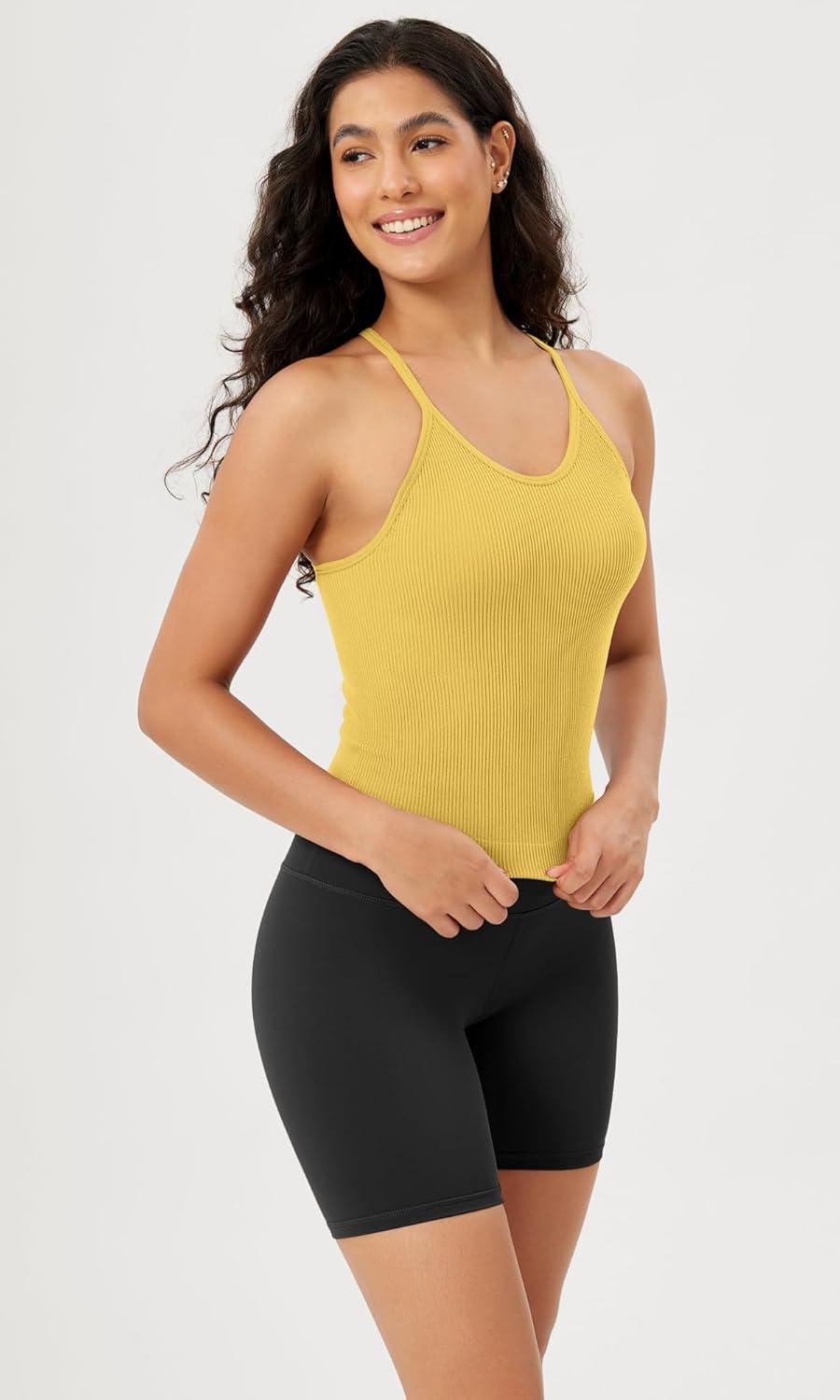 imageODODOS Womens Crop Seamless RibKnit Camisole Strappy Racerback Cropped Tank TopsYellow
