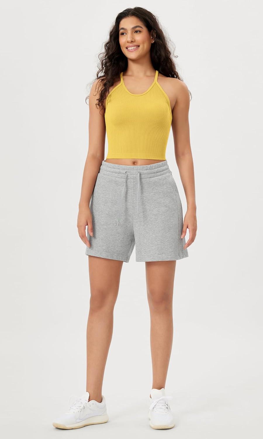imageODODOS Womens Crop Seamless RibKnit Camisole Strappy Racerback Cropped Tank TopsYellow