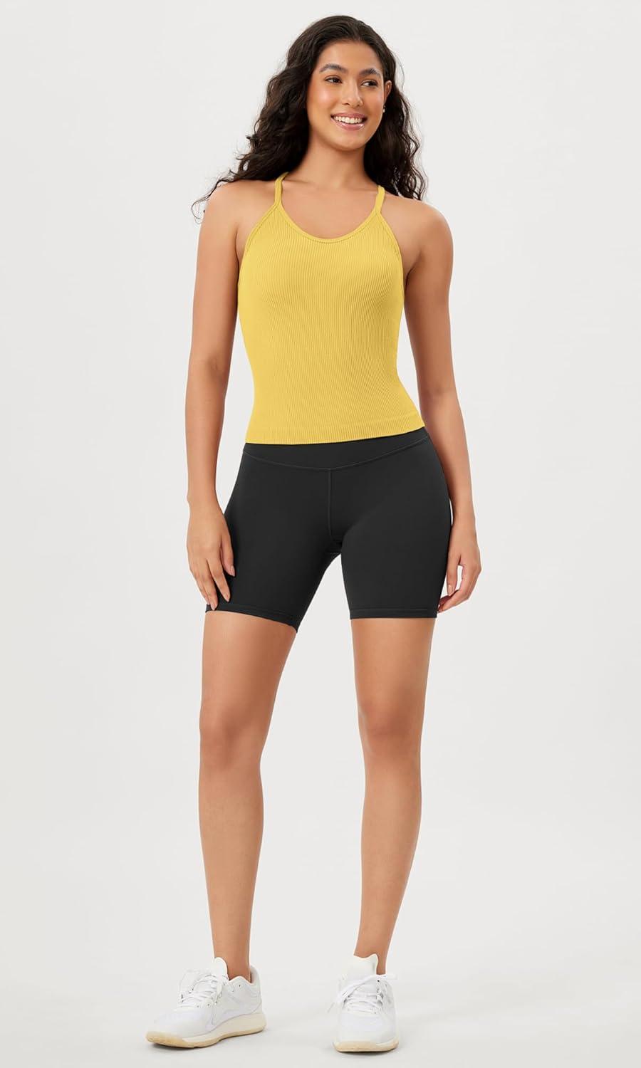 imageODODOS Womens Crop Seamless RibKnit Camisole Strappy Racerback Cropped Tank TopsYellow