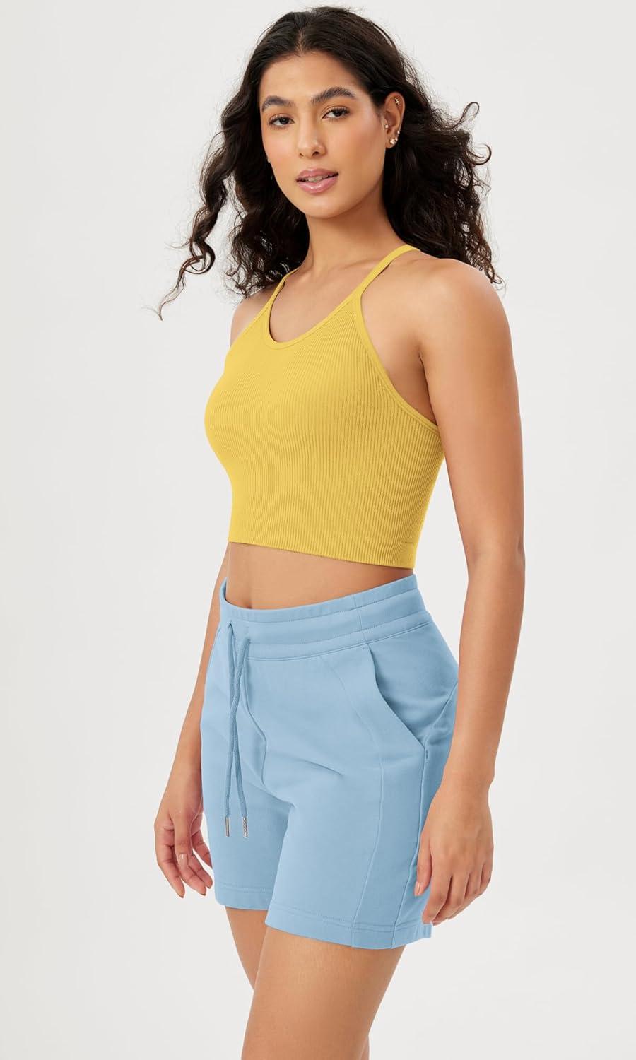 imageODODOS Womens Crop Seamless RibKnit Camisole Strappy Racerback Cropped Tank TopsYellow
