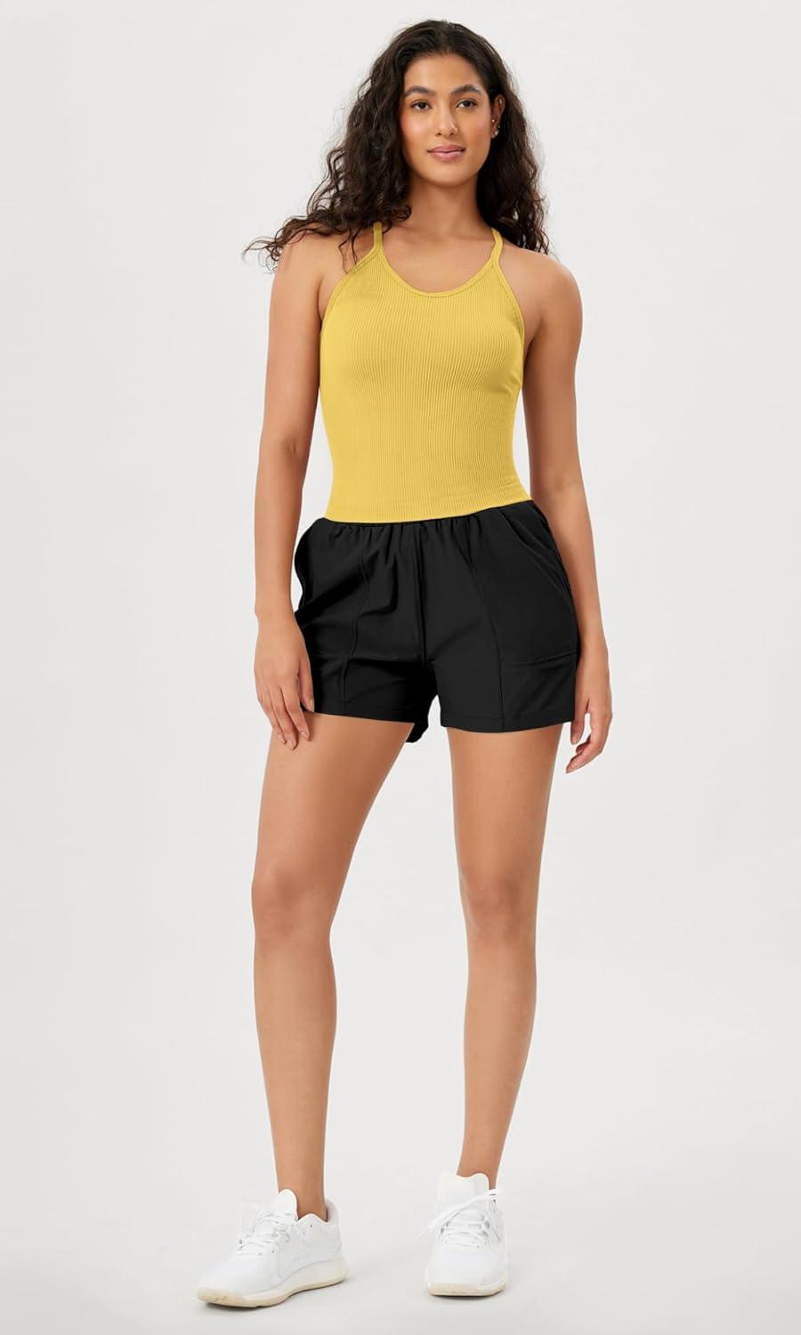 imageODODOS Womens Crop Seamless RibKnit Camisole Strappy Racerback Cropped Tank TopsYellow