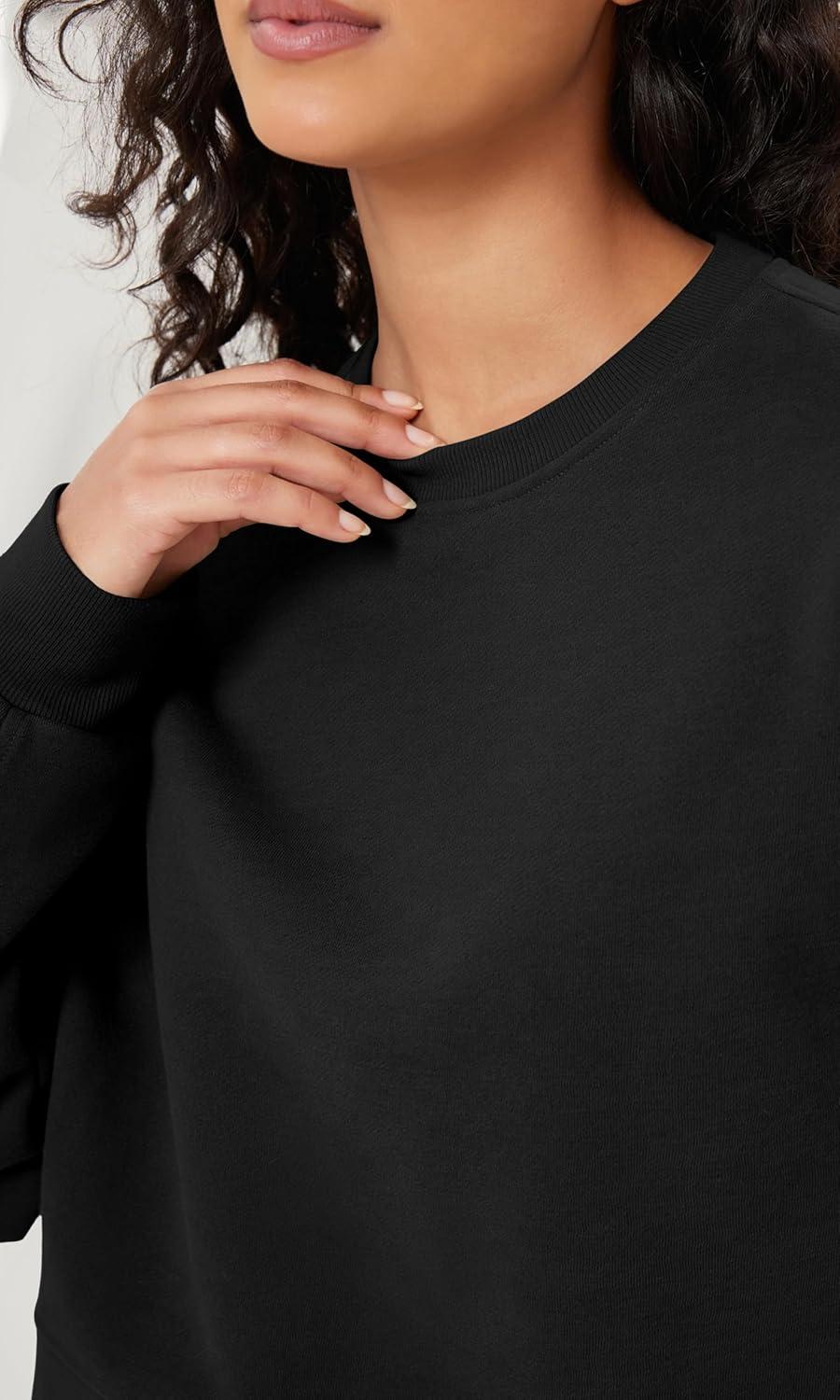 imageODODOS Womens Fleece Lined Oversized Cropped Sweatshirts Long Sleeve Crew Neck Pullover Crop TopBlack