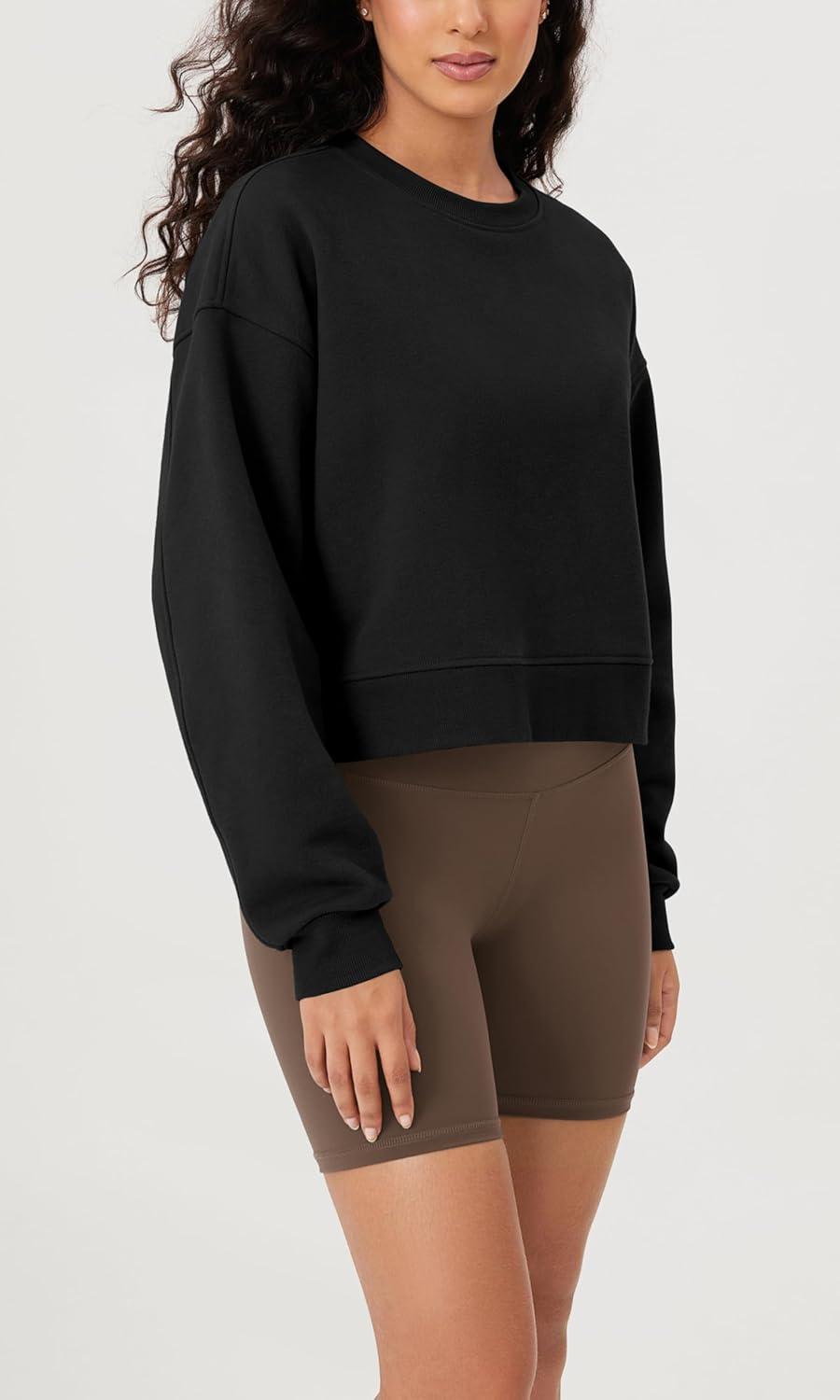 imageODODOS Womens Fleece Lined Oversized Cropped Sweatshirts Long Sleeve Crew Neck Pullover Crop TopBlack