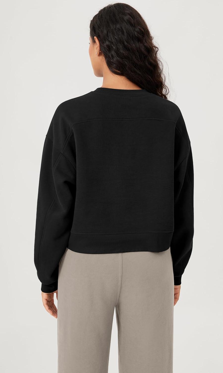 imageODODOS Womens Fleece Lined Oversized Cropped Sweatshirts Long Sleeve Crew Neck Pullover Crop TopBlack