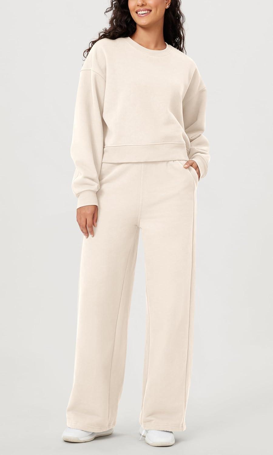 imageODODOS Womens Fleece Lined Oversized Cropped Sweatshirts Long Sleeve Crew Neck Pullover Crop TopCream