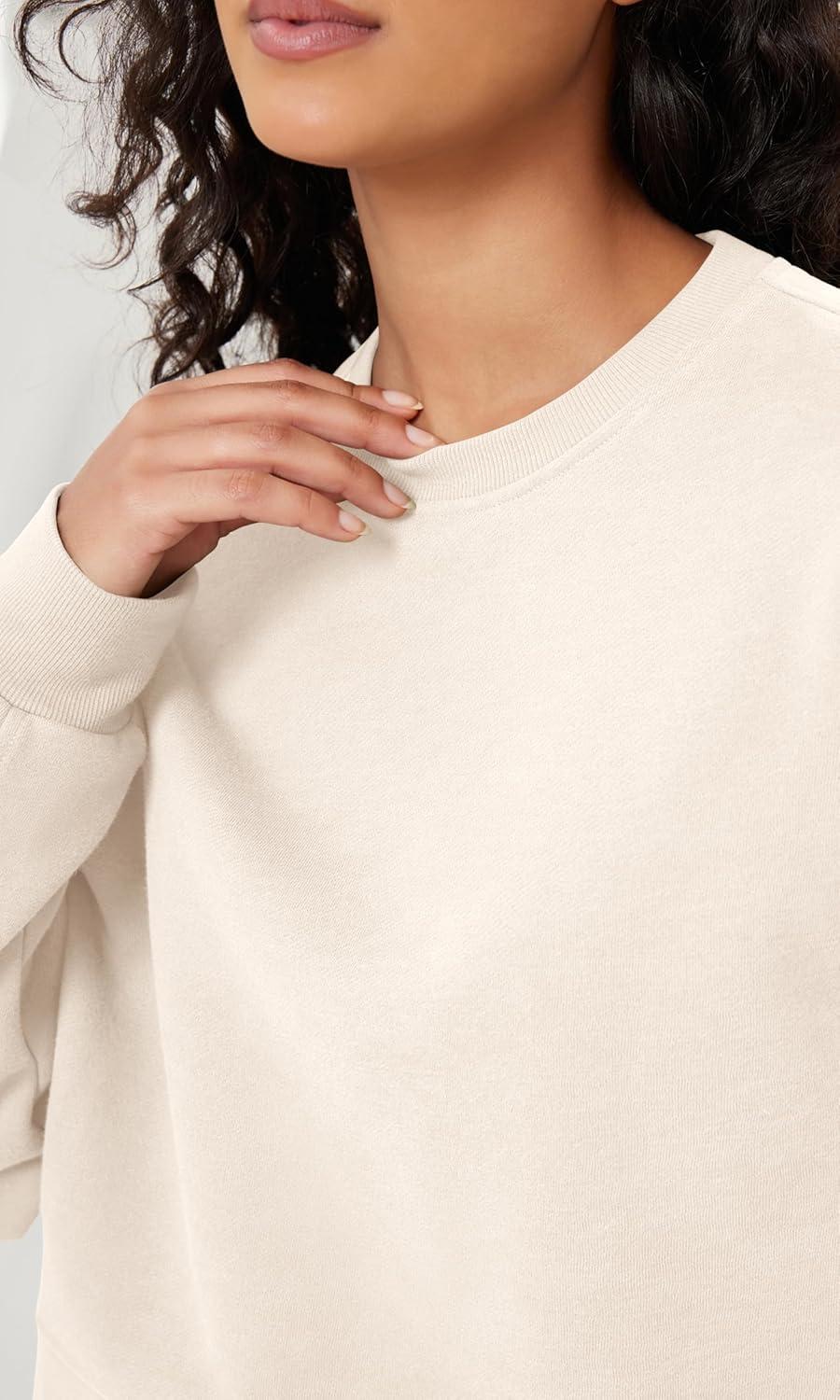 imageODODOS Womens Fleece Lined Oversized Cropped Sweatshirts Long Sleeve Crew Neck Pullover Crop TopCream