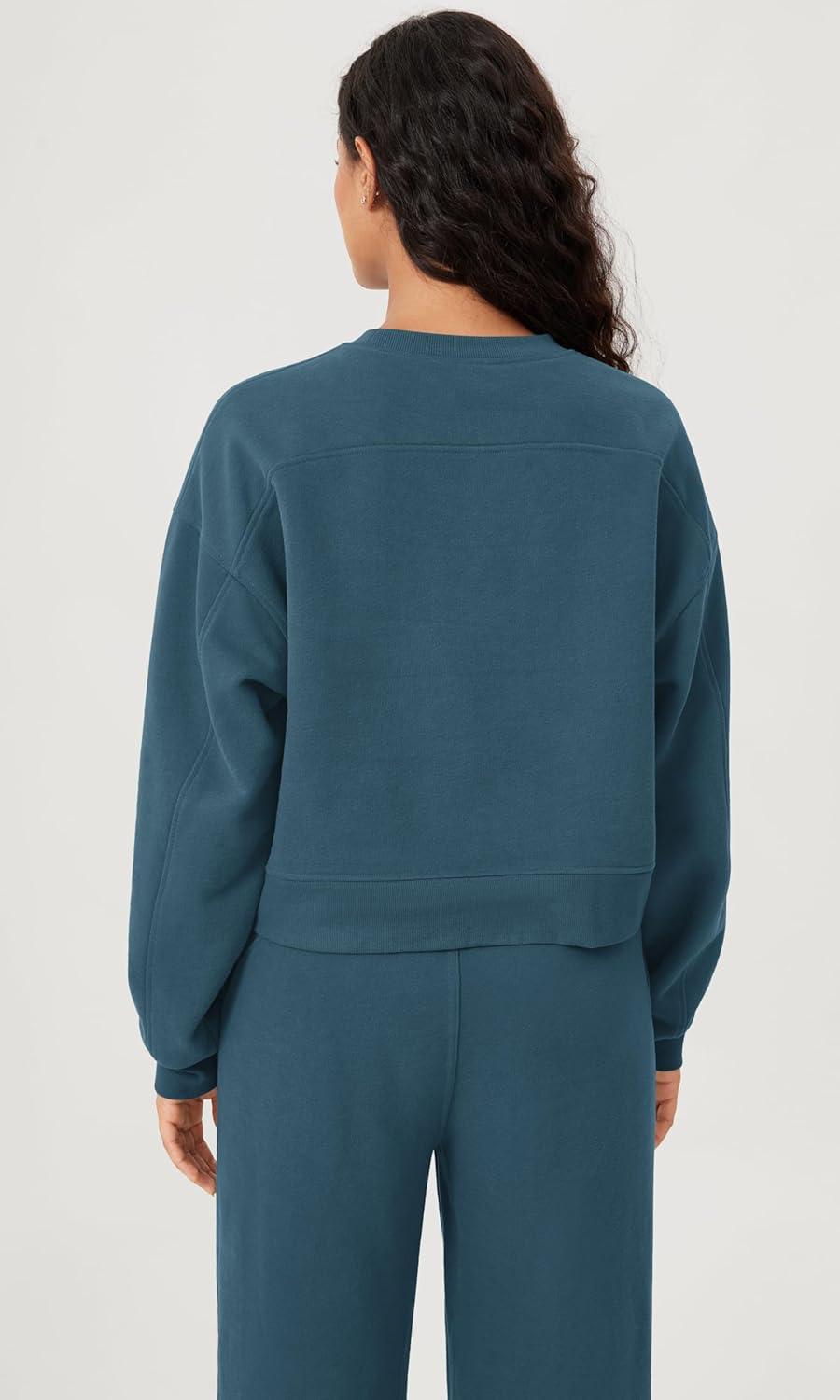 imageODODOS Womens Fleece Lined Oversized Cropped Sweatshirts Long Sleeve Crew Neck Pullover Crop TopInk Blue