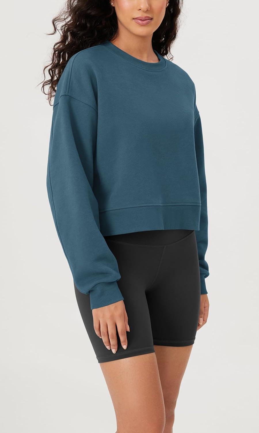 imageODODOS Womens Fleece Lined Oversized Cropped Sweatshirts Long Sleeve Crew Neck Pullover Crop TopInk Blue