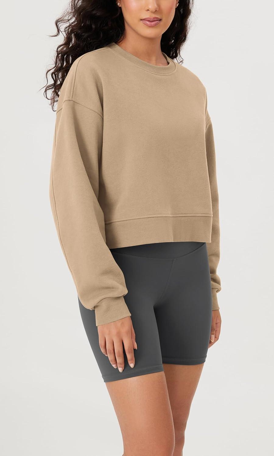 imageODODOS Womens Fleece Lined Oversized Cropped Sweatshirts Long Sleeve Crew Neck Pullover Crop TopKhaki