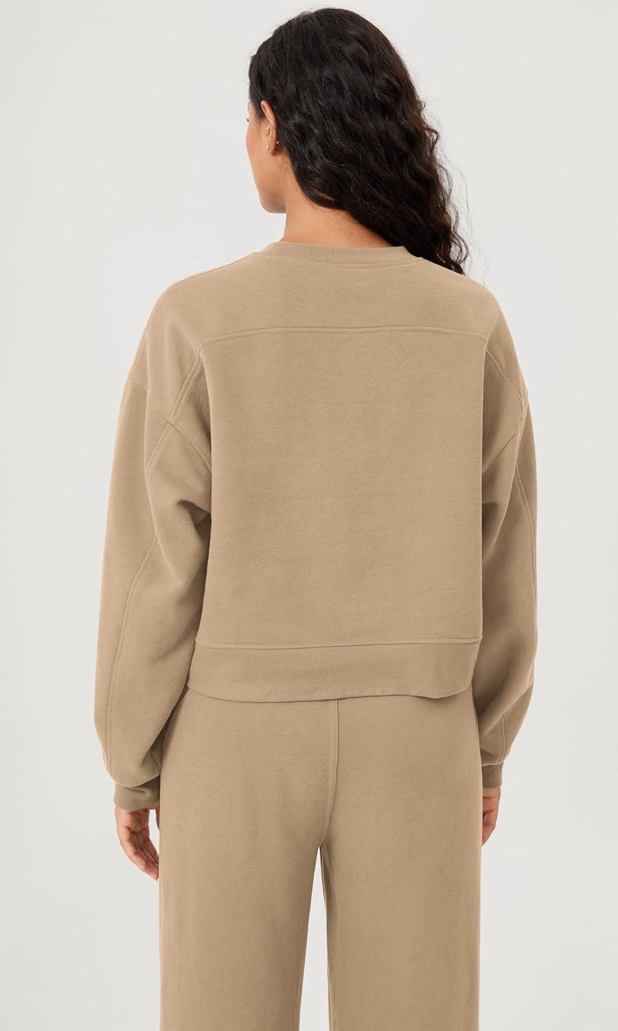 imageODODOS Womens Fleece Lined Oversized Cropped Sweatshirts Long Sleeve Crew Neck Pullover Crop TopKhaki