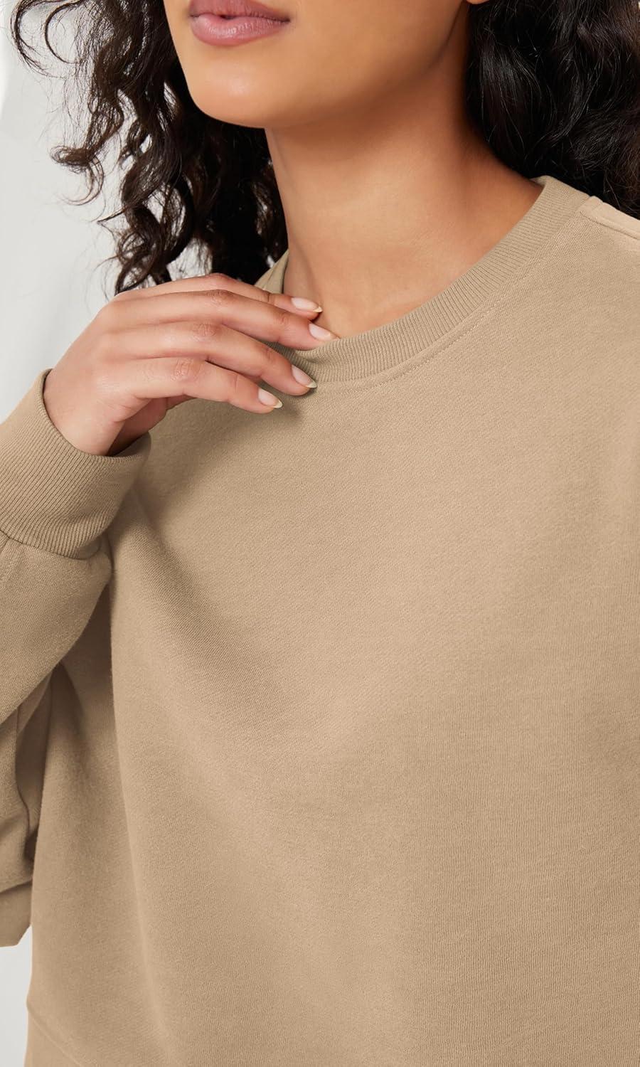 imageODODOS Womens Fleece Lined Oversized Cropped Sweatshirts Long Sleeve Crew Neck Pullover Crop TopKhaki