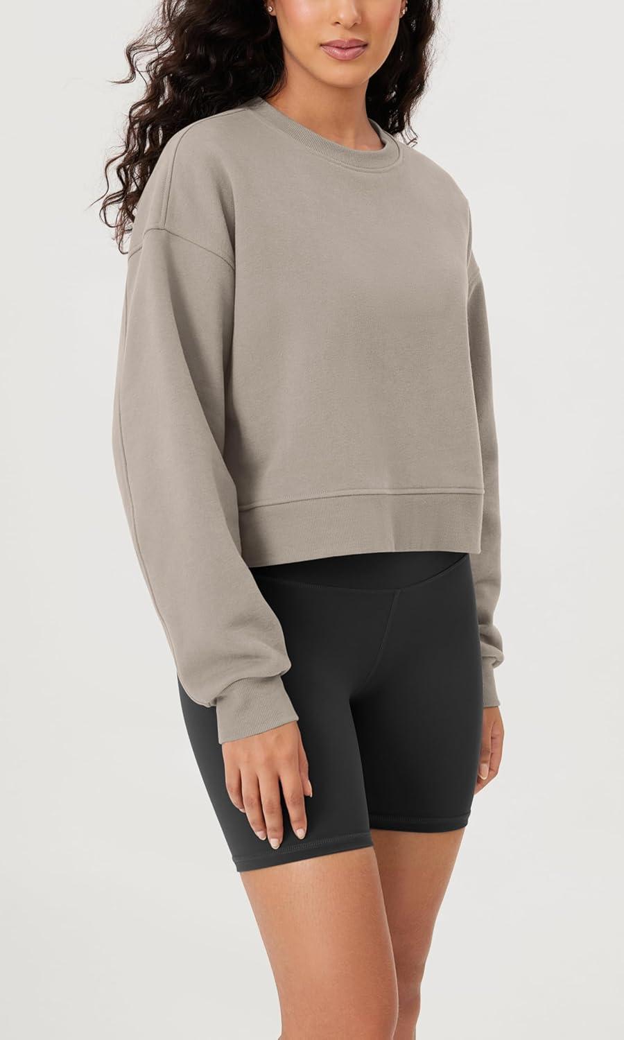 imageODODOS Womens Fleece Lined Oversized Cropped Sweatshirts Long Sleeve Crew Neck Pullover Crop TopMushroom